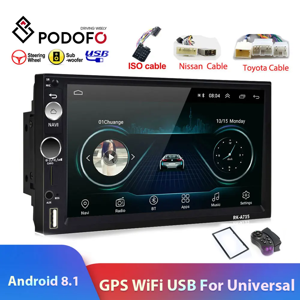 Podofo 2din Android8.1 " сенсорный экран автомобильный Радио мультимедийный плеер gps Nav Wifi MP5 зеркальное соединение аудио стерео для универсального
