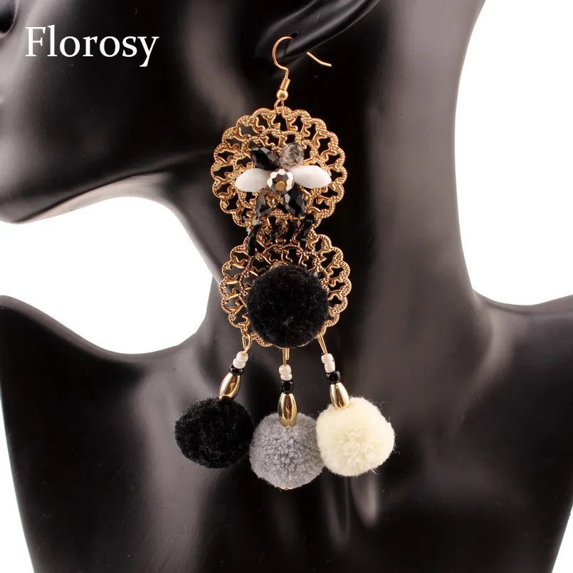 

Florosy Gold Metall Baumwolle Ball Anhnger Drop Pom Pom Ohrringe fr Frauen Design Bunte Perle Kristall Blume Erklung Ohrringe