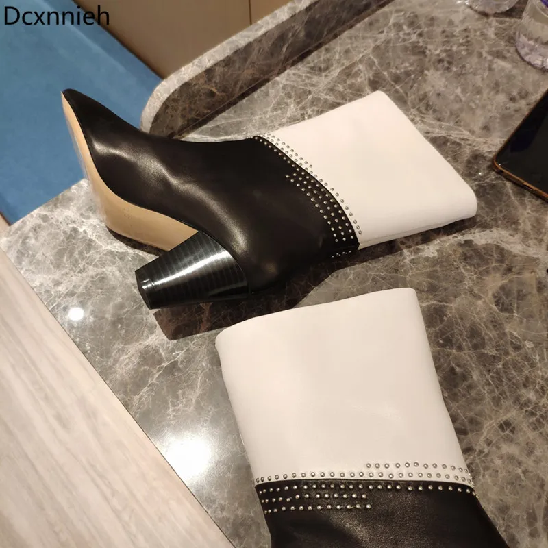 

Fall Genuine Leather Brand Ankle Boots For Women Spike High Heels Runway Party Women Shoes Rivets Mixed Color Short Boots Woman