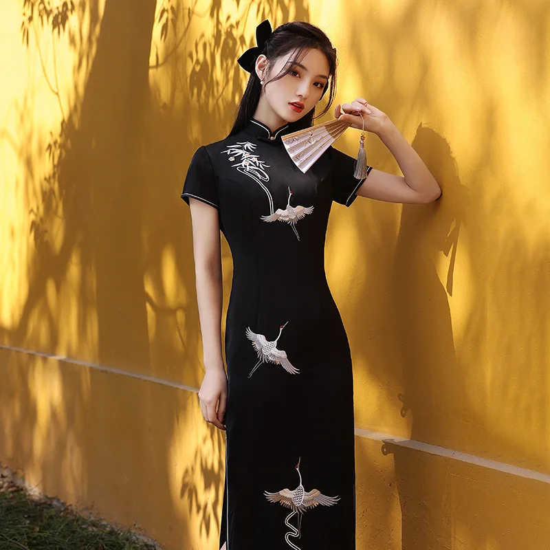 

Китайское платье Qipao, женское черное приталенное длинное платье с вышивкой журавлей, традиционное искусственное ретро платье-Ципао, женское платье