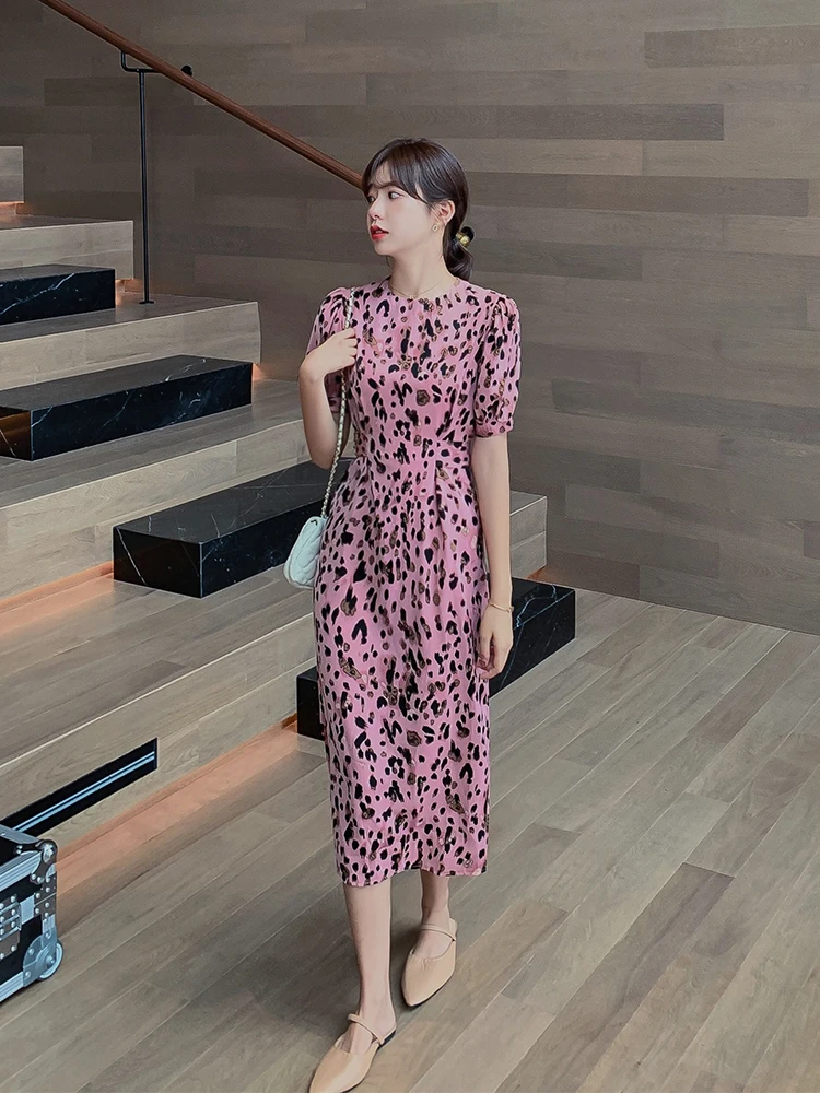 

Women Long Pink Chiffon Leopard Dress Summer 2022 Runway Slim Korean Party Night Dress Casual Vacation Elegant Dresses Female