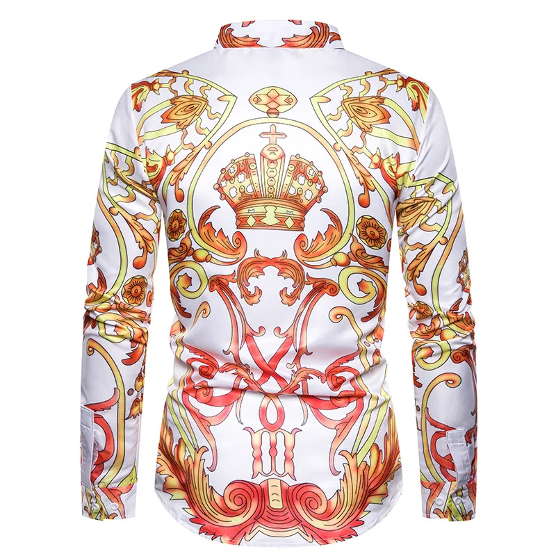 Luxury Royal Mens Shirts Casual Slim Fit Cross Gemstone Printed Long Sleeve Slim Fit Chemise Homme Men Prom Party Tuxedo Shirt