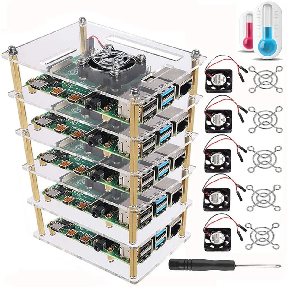 

Чехол для Raspberry Pi 4 B, 5-слойный чехол с охлаждающим вентилятором для Raspberry Pi 4, Pi 3 Model B +, Pi 2 Model B,Pi B +