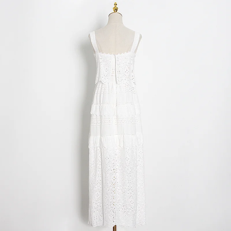 

VGH Elegant Hollow Out Women Dress Square Collar Sleeveless High Waist Ruched White Dresses Female Fashion New Clothing 2020
