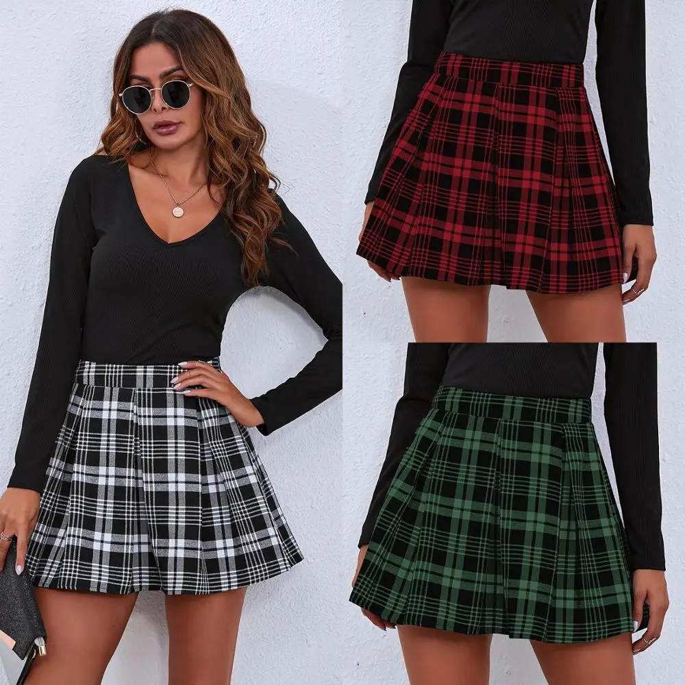 

Gothic Pleated Skirts Women Plaid Printed Red Mini High Waist Zippers England Style Feminina Ladies Patchwork Green Black Skater