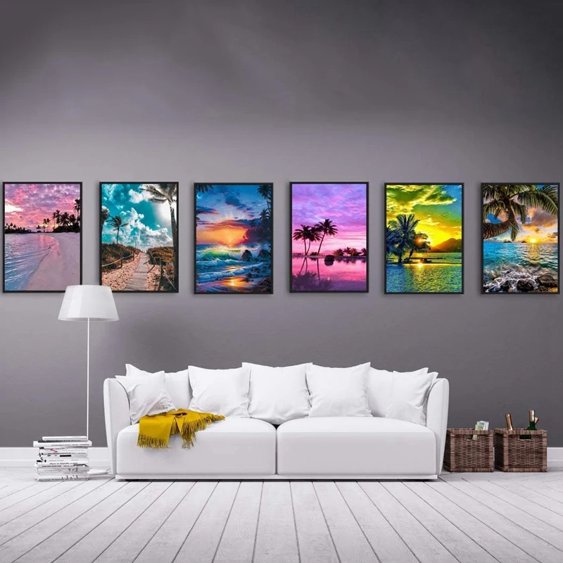 6 Pack 5D Diamond Painting By Numbers Art Dotz Kits Full Drill for Adults Kids Beach Sea Holiday Palm Tree | Дом и сад