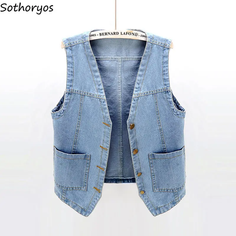 

Fashion Denim Vests Women Solid Loose V-neck Vintage Korean Trendy Casual All-match Spring Sleeveless Coats Teen Girls Unisex BF