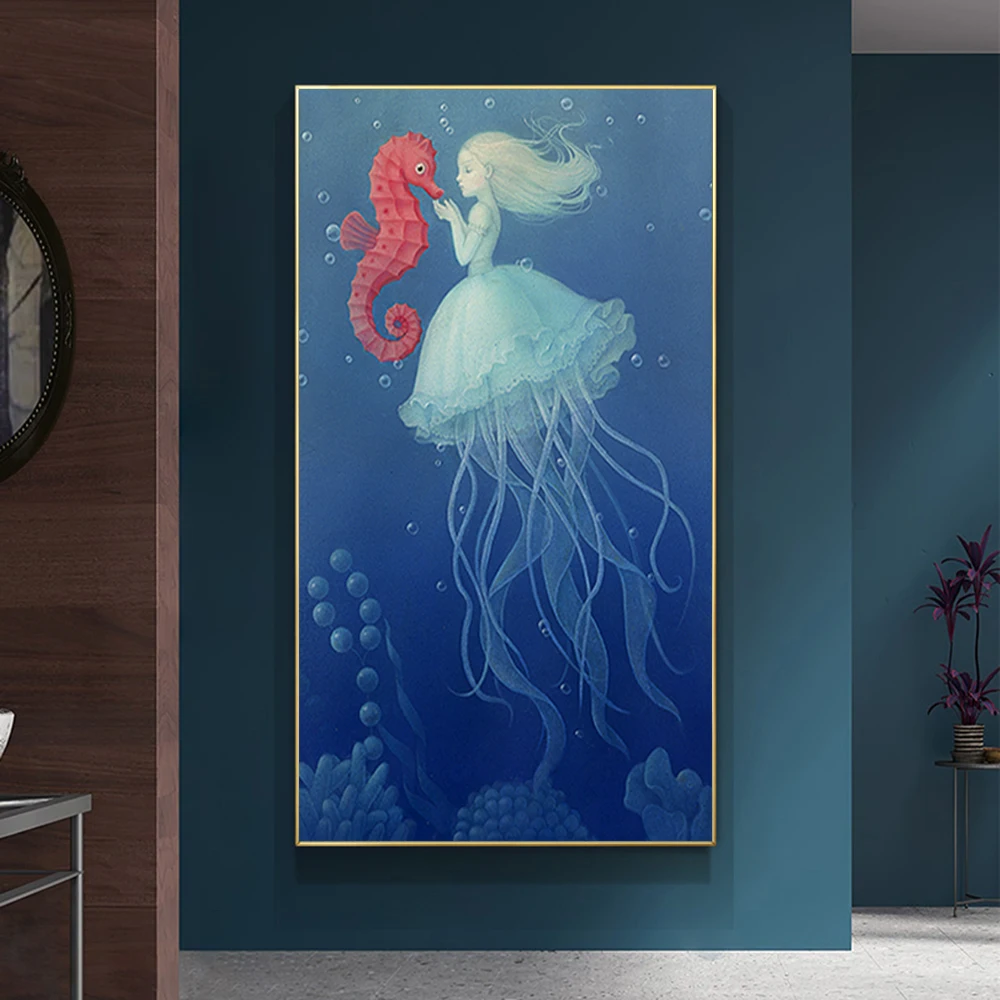 

Wall Art Canvas Painting Abstract Jellyfish Girl and Hippocampus Painting HD Print Modern Posters For Baby Kids Room Home Decor