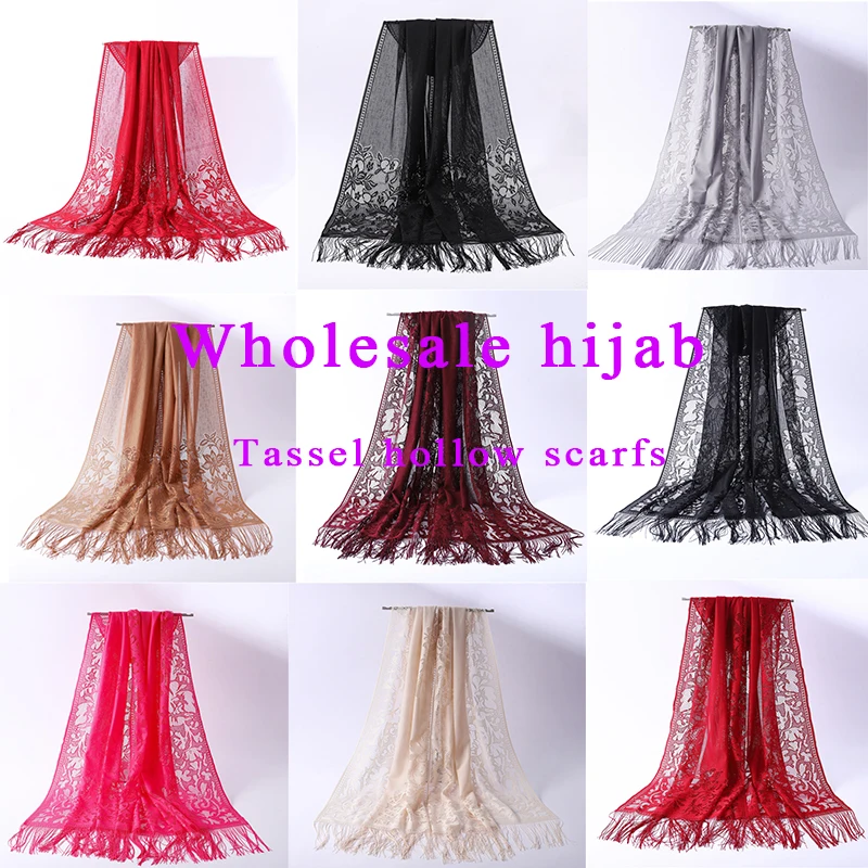 

10 Pcs/lot Hijab Scarf Women Tassel Hollow Foulard Scarfs Plain Bubble Cotton Scarves Lady Headband Shawls Wraps Wholesale