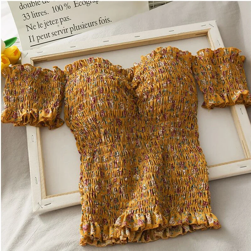 

Summer Women Stretchy Flower Print Shirt Sweet Ruffles Slash Neck Cropped Blouses With Pads Tops For Girls