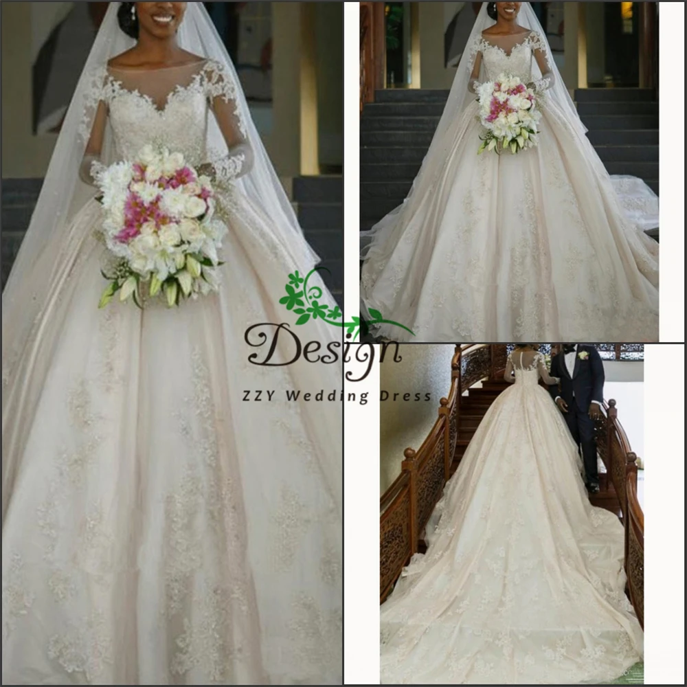 

Ivory Illusion Ball Gown Lace Wedding Gowns Full Sleeves Beading Handworks Appliques Lace Flowers Princess Vestidos De Noiva