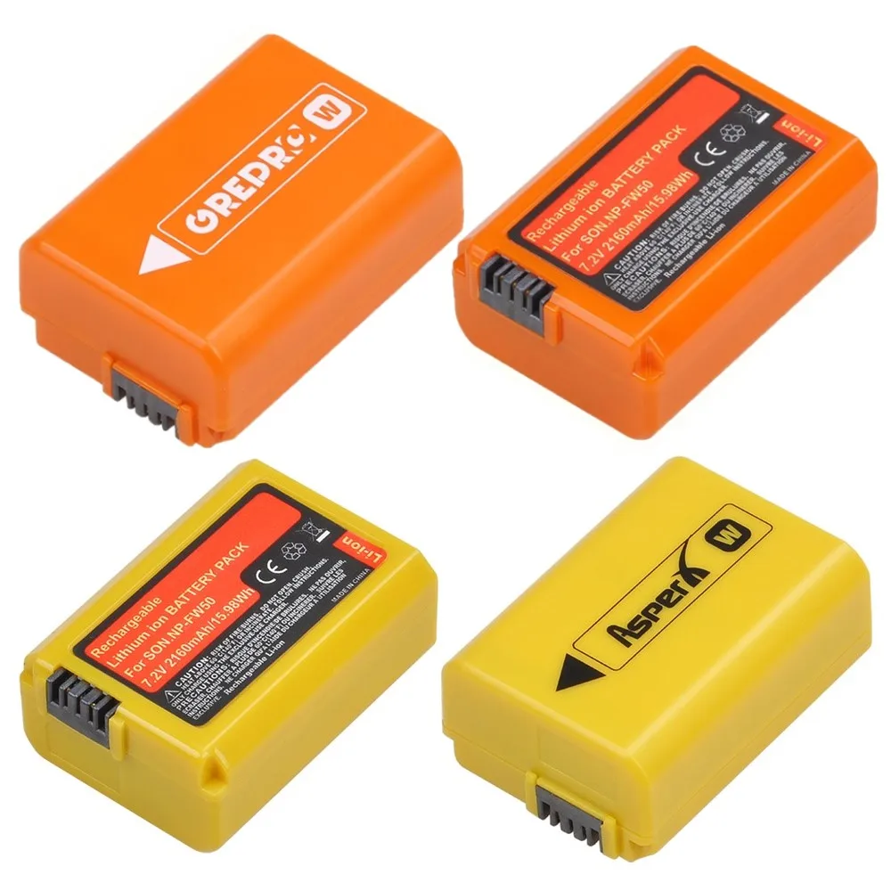 

Yellow and Orange NP-FW50 NP FW50 Battery for Sony ZV-E10L A6000 A3000 A6500 A5100 SLT-A55 A7R II, RX10 Mk iv, NEX-3N Camera