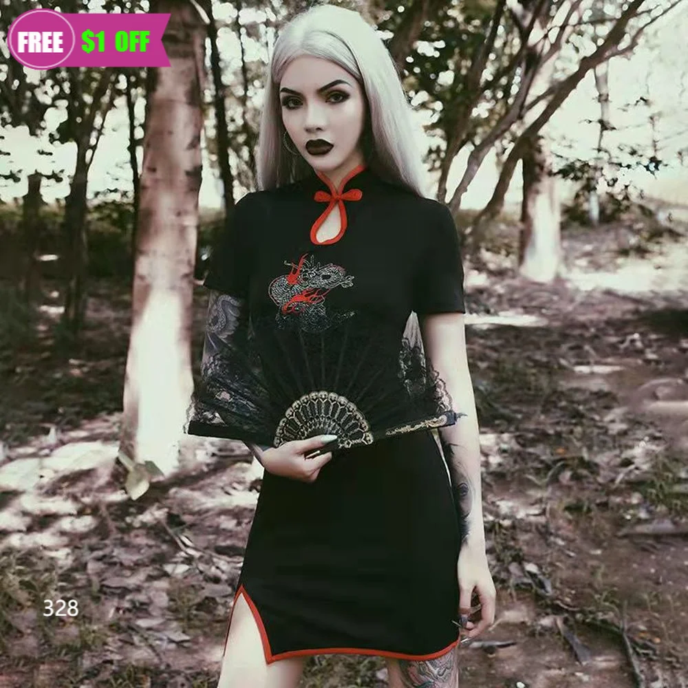 

Vintage Loose Short Sleeve Cheongsam Button Thin Corduroy Black Mini Dress Women Gothic Sexy Lolita Party Korean Harajuku Kawaii