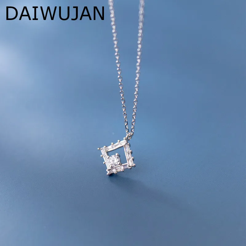 

DAIWUJAN 100% 925 Sterling Silver Geometric Zircon Pendant Necklaces For Women Temperament Full Crystal Clavicle Chain Jewelry