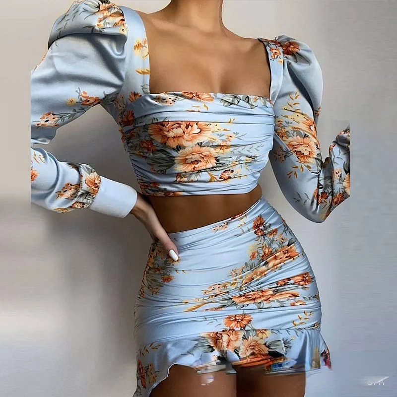 

New Long Sweater Clothing Suit Women's Mini Skirt Women Casual Fashion Stylish Two-Piece Suit Clothes Set Flower Print
