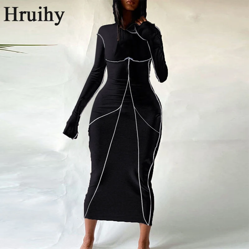 

Bodycon Dress Women Ankle Length Masquerade Hooded Collar Long Sleeve Skinny Dress for Women Fashion New Arrival Patchwork Dress