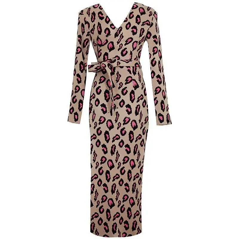 Vintage Leopard Print Long Maxi Dress Autumn V-neck Lace Up Bodycon Dress Knitted Split Winter Women Dress Party Vestidos S-2XL