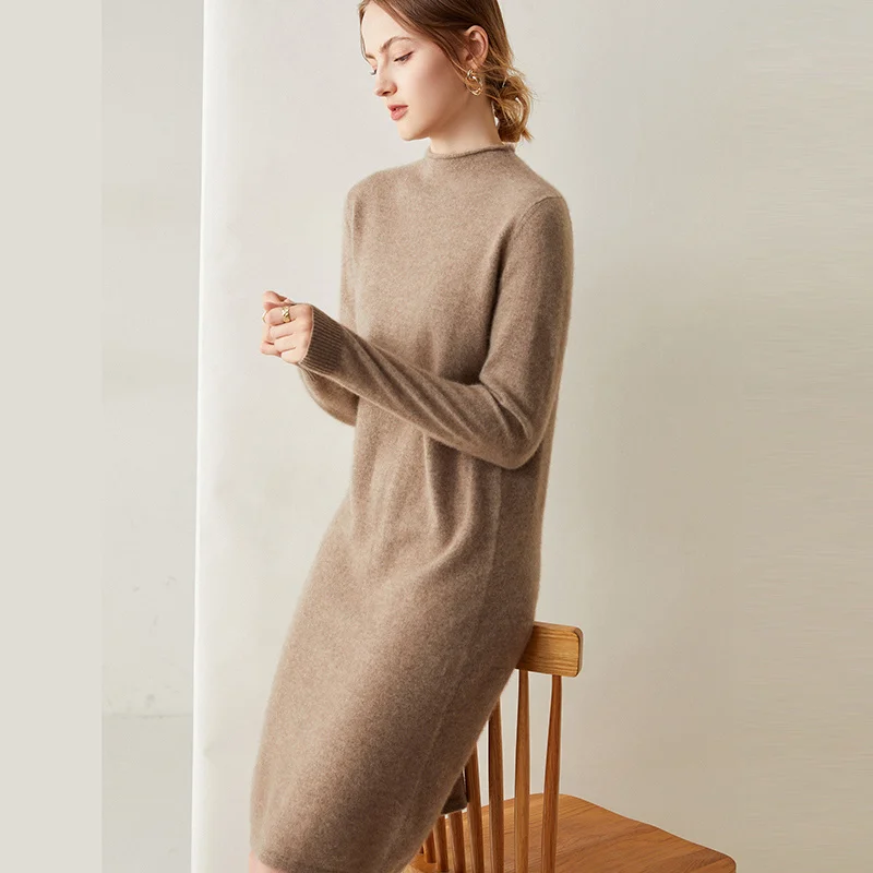 

Hot Sale Women Dresses 100% Pure Goat Cashmere Knitted Jumpers Oneck Length-Knee Top Grade Soft Ladies Dress