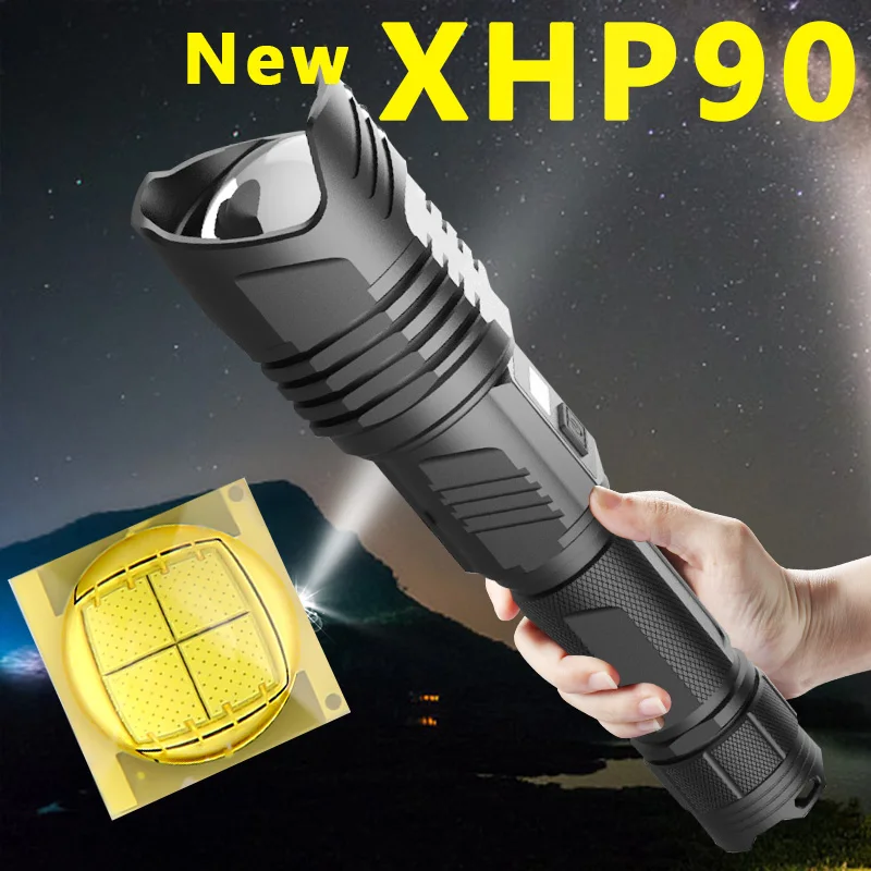 Яркий светодиодный фонарь XHP90, водонепроницаемый, тактический фонарь с зумом, с usb-входом и выходом, для улицы, с функцией молотка безопасности, 18650