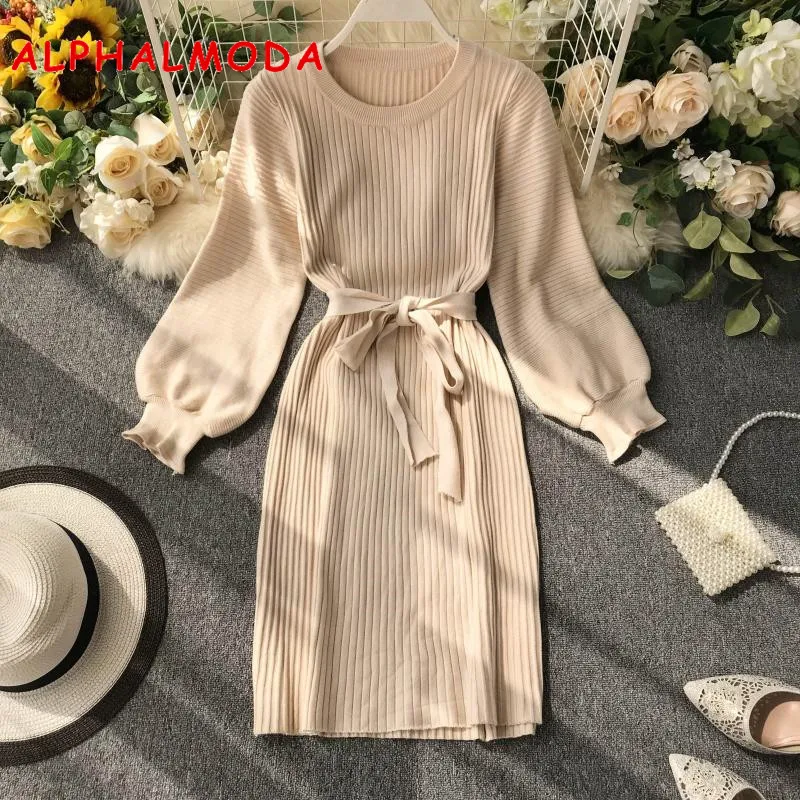 ALPHALMODA осень 2019 Женский пуловер с длинным рукавом и поясом Повседневное