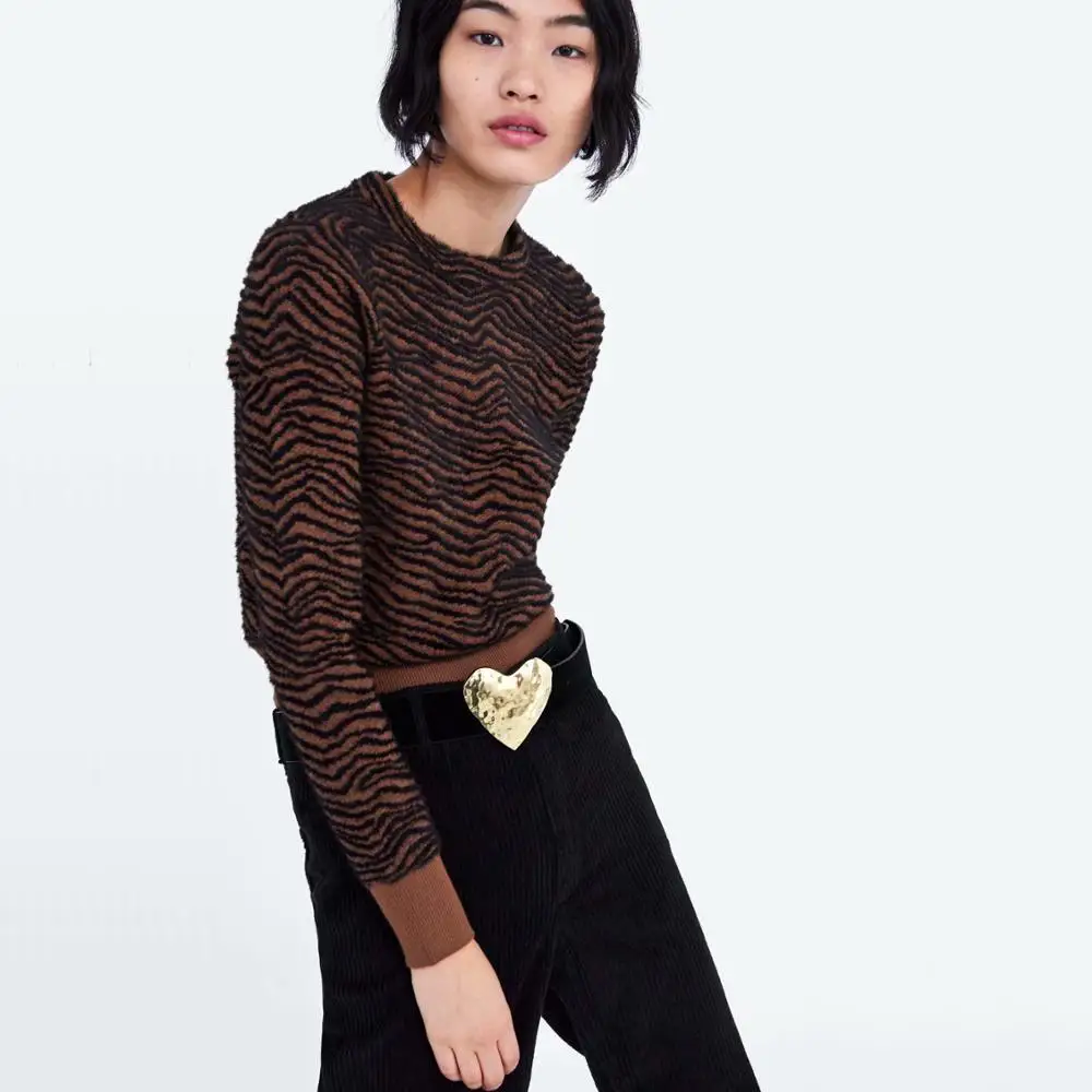 2019 ZA Zebra Pattern Sweater for Women Fashion Knitted Animal Print Winter Clothes Thick Long Sleeve Female Pullovers Casual | Женская