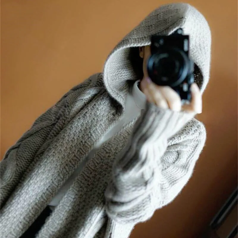 Осень-зима новый женский свитер большого размера вязаный кардиган с капюшоном