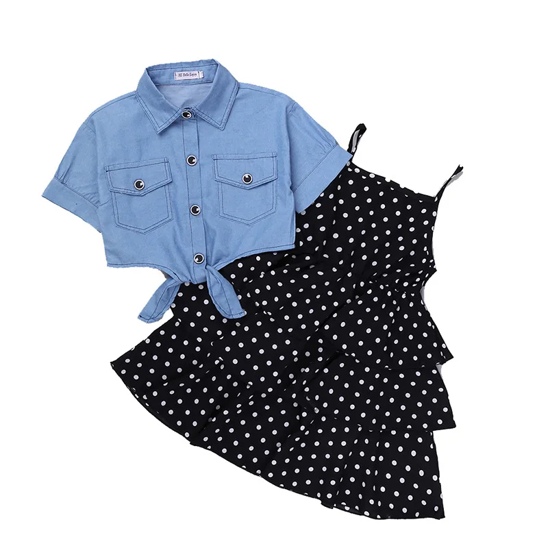 

Summer new girl suspenders suit 4-12 years old girl suspenders polka dot skirt + denim shawl cotton casual two-piece suit