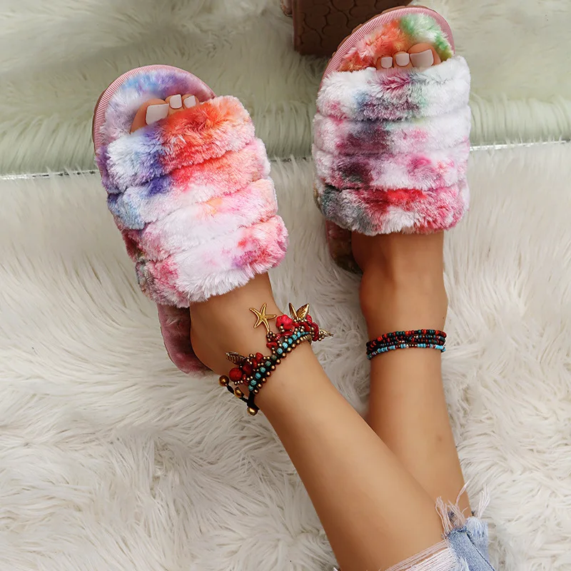 

Kalsooni 2021 New Winter Women Furry Slipper Open-toed Plush Home Slippers Thickend Soft Warm Casual Slippers 36-43
