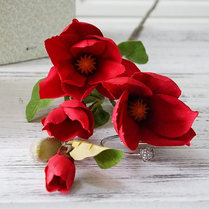 Роскошный длинный стебель 4 головки искусственная Магнолия цветок ветви для дома