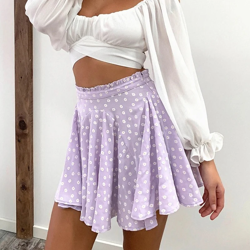 

Summer High Waist A Line Floral Print Skirt 2021 New Women Casual Beach Holiday Mini Skirt Female Bohemian Short Purple Skirt