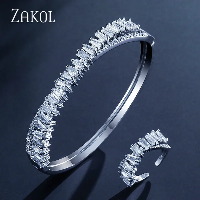 White Gold Color Элегантный высококачественный квадратный браслет с кубическим цирконием, набор свадебных украшений для женщин, подарок на свадьбу, вечеринку, день рождения, FSSP374 - Окраска металла: White Gold Color
