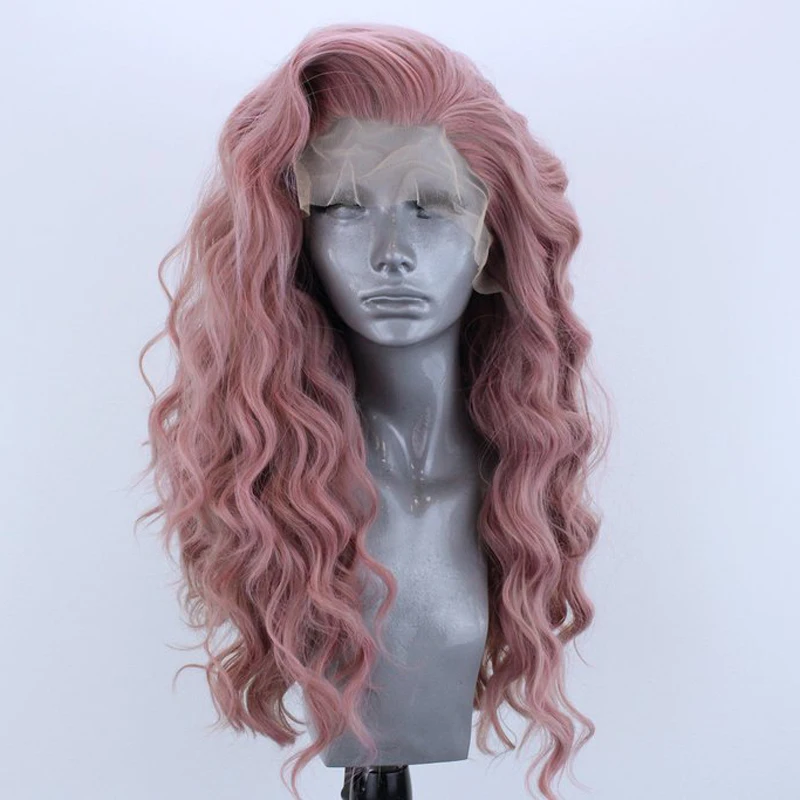 Харизма Длинные розовые волнистые синтетические кружевные передние парики для
