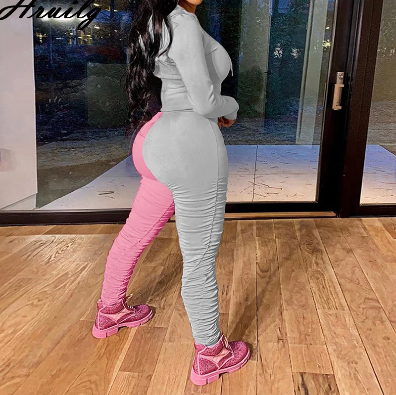 

2 Piece Sets Womens Outfits Hooded Sweatshirt&long Pants Color Matching Two Piece Sets Fitness Draped Plus Size Casual Women Set