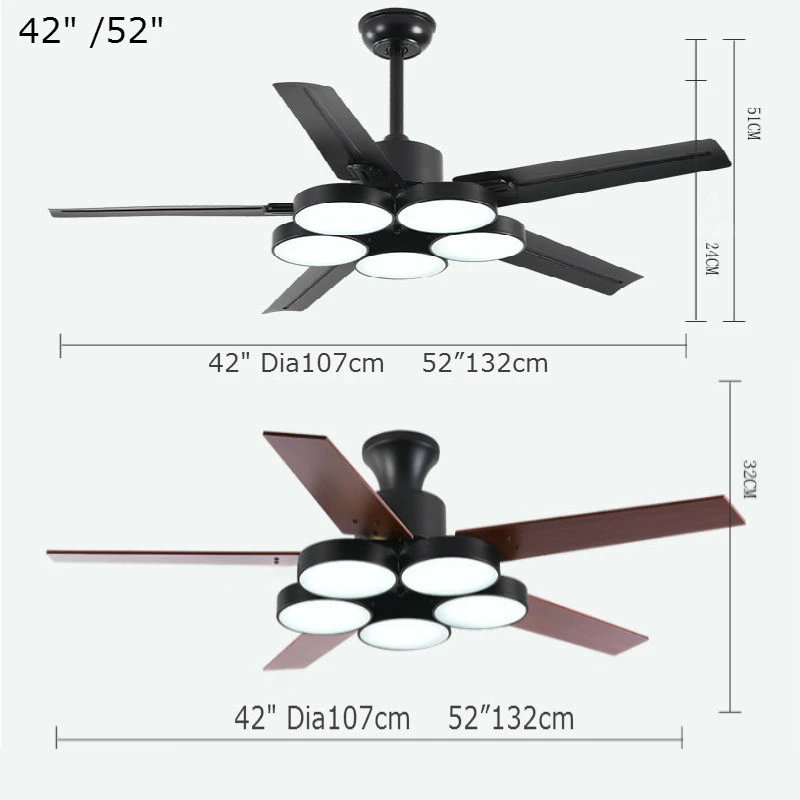

52 Inch Big Size Ceiling Fan Light for Living Room 5 Blades 60W LED Tri-Color Change Pure Copper DC Motor