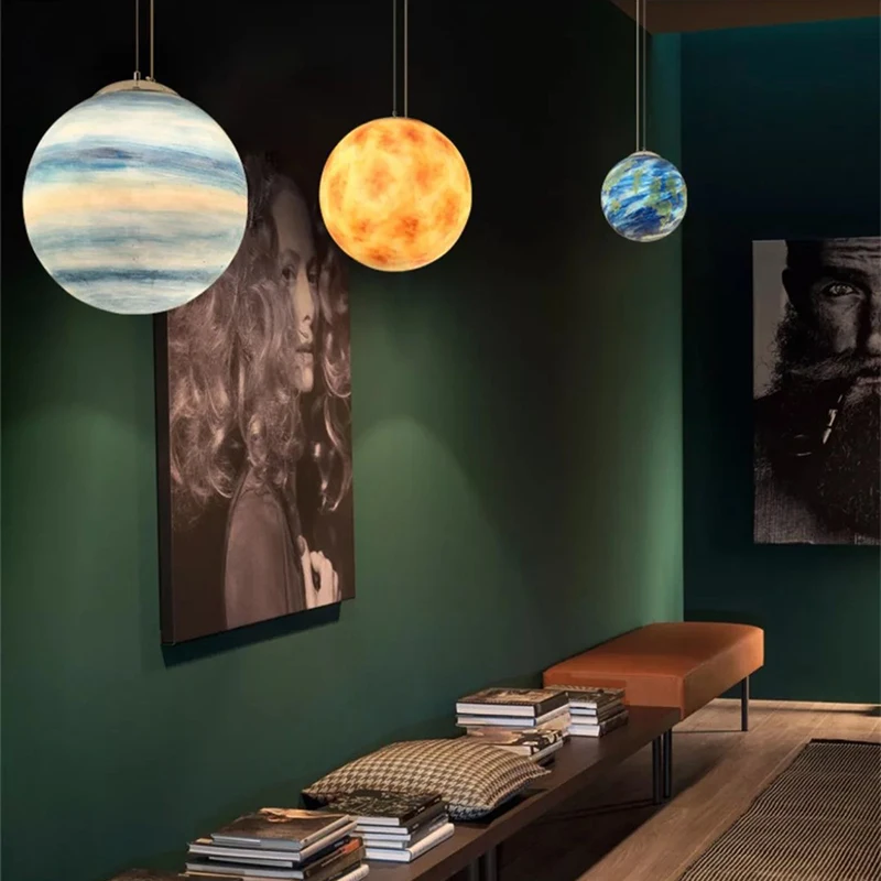 

Planet Pendant Lights Bedroom Foyer Decoration Droplight Room Resin 3D Moon Sun Model Restaurant Printing Pattern Couture Kids