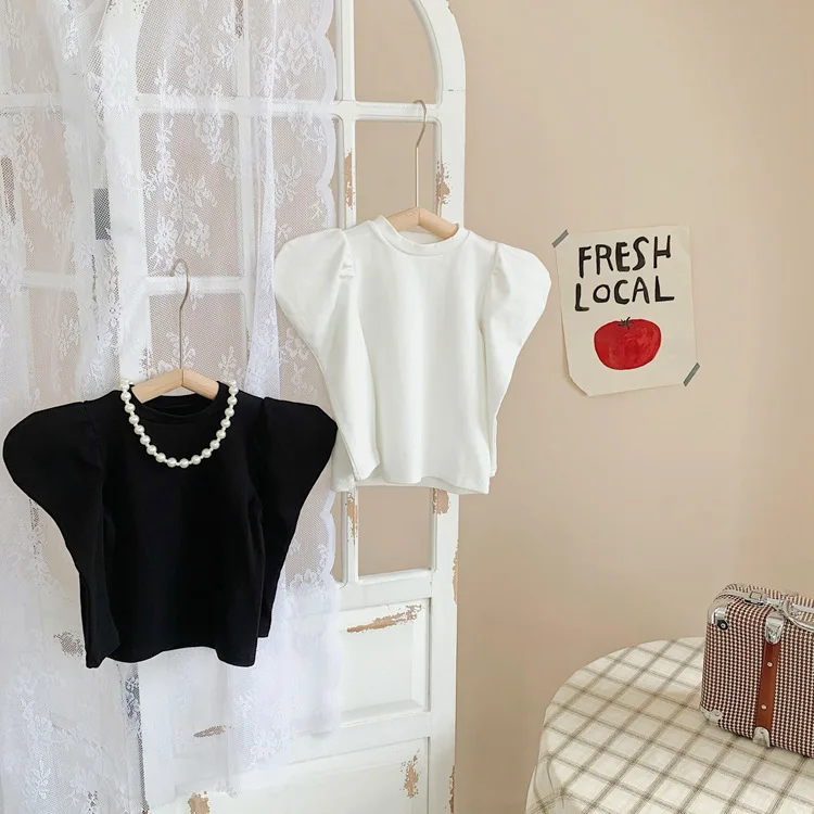 

8708 Ins Korean Girls Bottoming Shirt 2021 New Autumn Elastic Knitted Bubble Sleeve Girls Top Fashion All Match Girls T Shirt