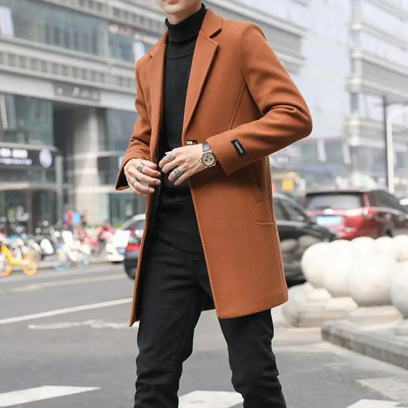 Gabardina larga de lana para hombre, abrigo de talla grande, color naranja, azul, ajustado, clásico, Vintage, para caballeros