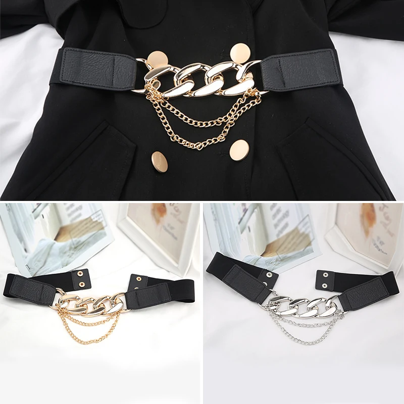 

Metal Chains Buckle Long Tassel Belt Stretch Cummerbunds Waistbelts Elastic Waist Belt PU Wide Waistband Chain Link Waist Strap