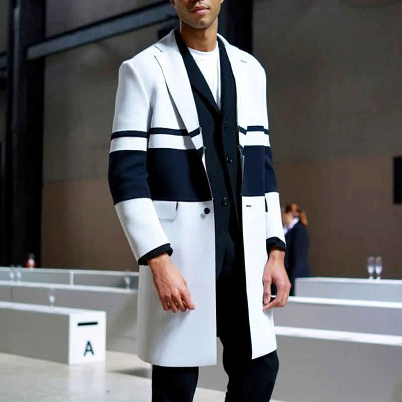 

2021 Fashion Mens Autumn Harajuku Patchwork Outerwear Casual Long Sleeve Turn-down Overcoats Winter Collar Buttoned Mid Coat Men