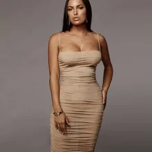 Verão feminino nova cor sólida malha transparente plissado apertado sexy suspender vestido (3)