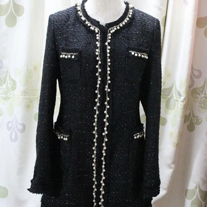 

Spring Women Clothes Elegant Pearls Tweed Jacket Vintage Slim Fit Cardigan Coats Office Ladies Design Fashion Casual Outerwear