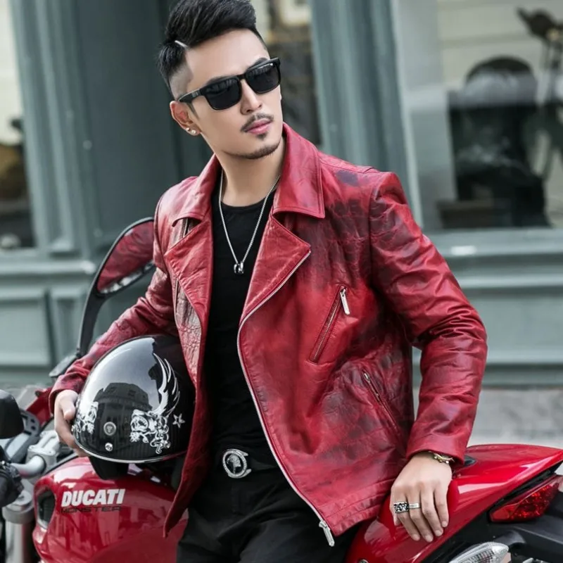 

2021 New Mens Luxury Sheepskin Genuine Leather Jacket Slim Fit Motorcycle Leather Jacket Men Punk Designer Red Outwear Coat 4XL