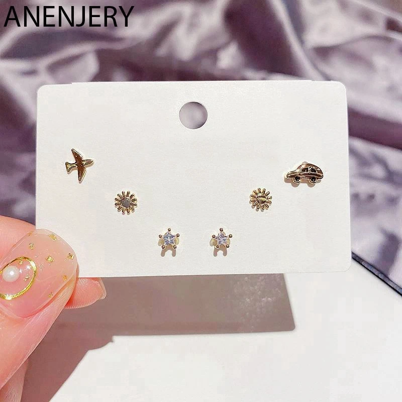 

Evimi 6 шт./компл. мини самолет автомобиль мультфильм Комплект сережек для женщин 925 Стерлинговое Серебро Циркон солнце звезды серьги оптовая п...