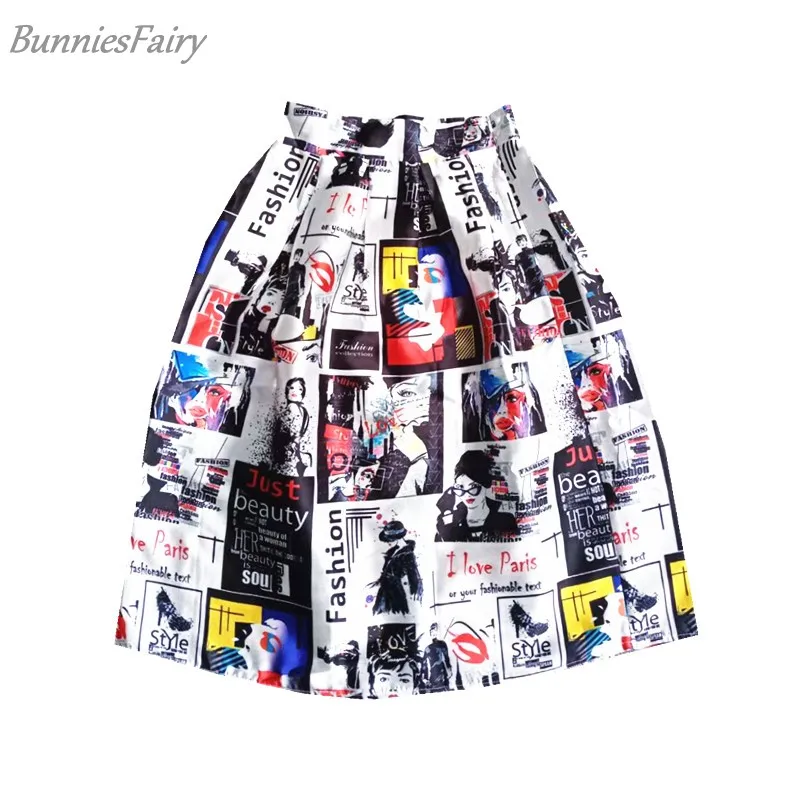 BunniesFairy, осень, 50 s, 60 s, Ретро стиль, для девушек, газетный принт, высокая талия, плиссированная, расклешенная юбка миди, Saia Longa Plissada - Цвет: 02