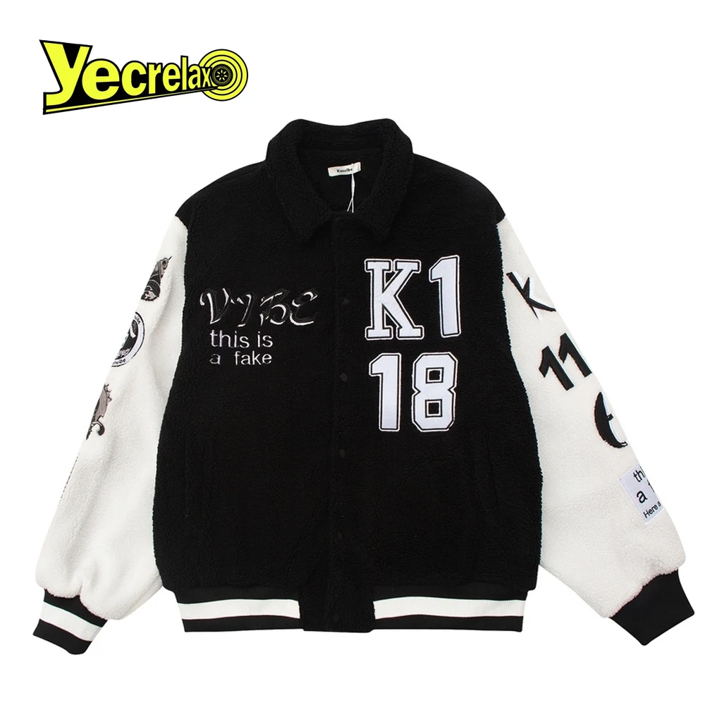 

Мужская куртка в стиле хип-хоп с вышивкой и надписью, бейсбольная куртка с лацканами и плюшевой подкладкой, Мужская Уличная теплая зимняя ку...