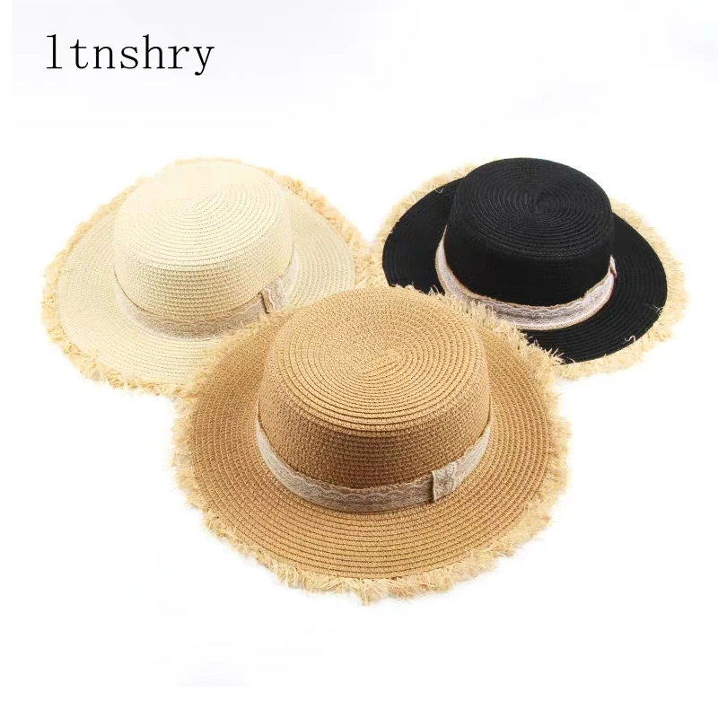 Шляпа женская Соломенная с лентой модная Панама от солнца плоским верхом для