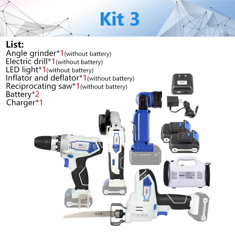 Kit 3 NEWONE/Keinso 12V 6-инструмент литиевая аккумуляторная на высокоточном оборудовании, угловая шлифовальная машина электрическая дрель светодиодный светильник пылесос электрическая пила - Цвет: Kit 3