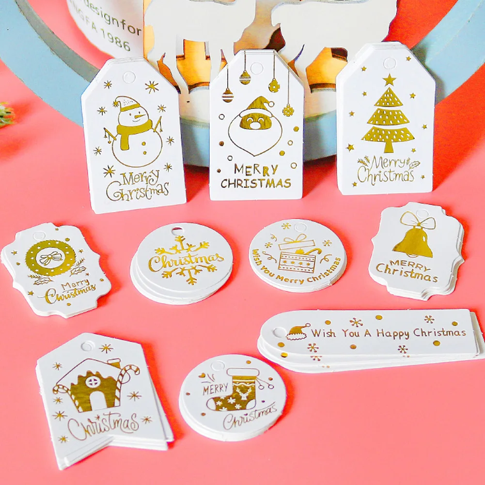 

50/100Pcs Christmas Paper Tag DIY Handmade Gold Foil Gift Wrapping Paper Hanging Labels With Strings Card Christmas Decorations