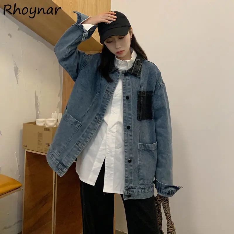 

Jackets Women Loose Patchwork Denim Vintage Turn-down Collar Streetwear Chic Spring Autumn Pockets Button Popular New Students