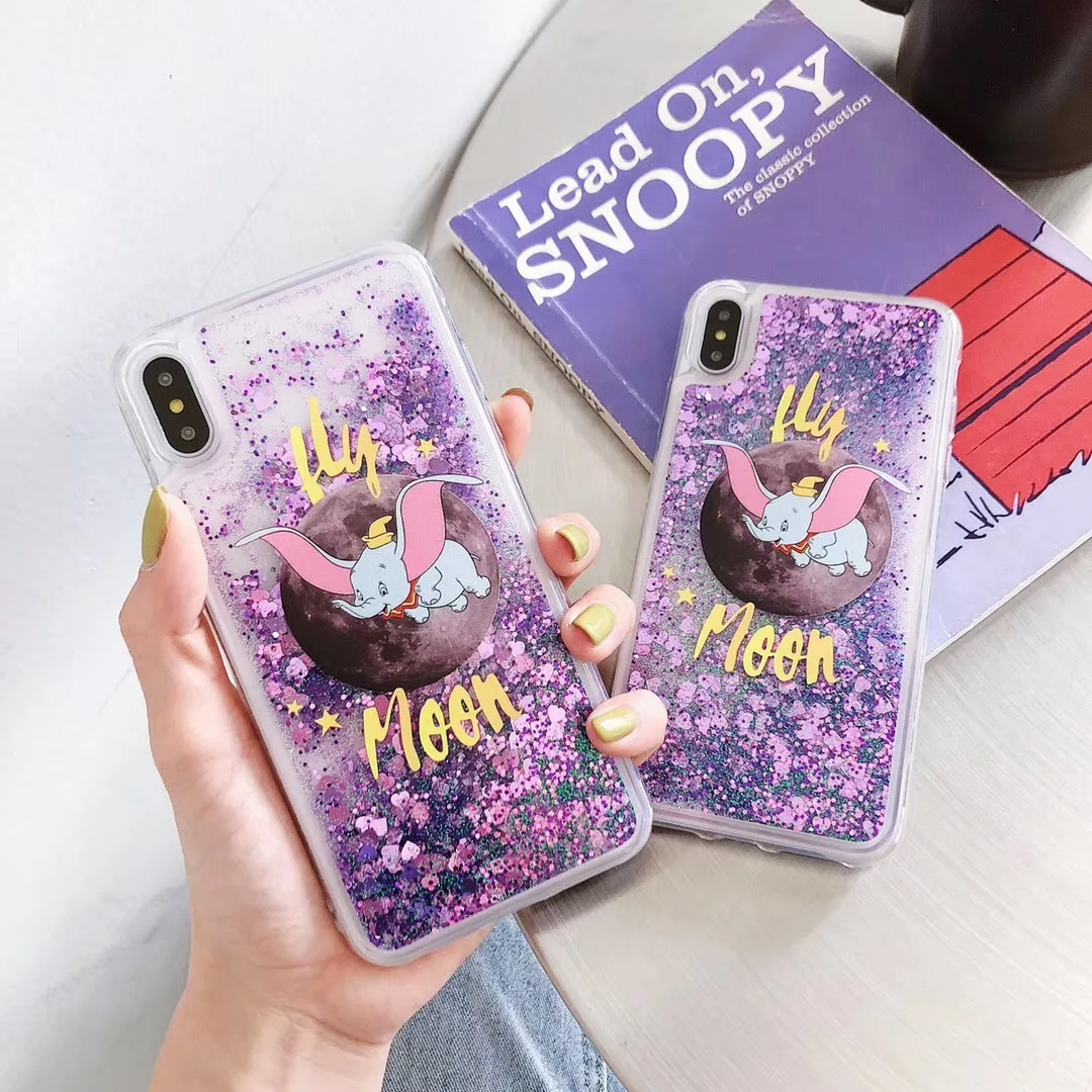 Cute Dumbo Fly Moon Elephant Purple Quicksand Glitter Phone Case For iphone Xs MAX XR X 6 6s 7 8 plus silicone Back Cover |
